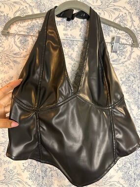 PrettyLittleThing Black Faux Leather Halter corset top